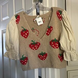 Free People Tan and Red V-Neck Sweater with Strawberry Appliques